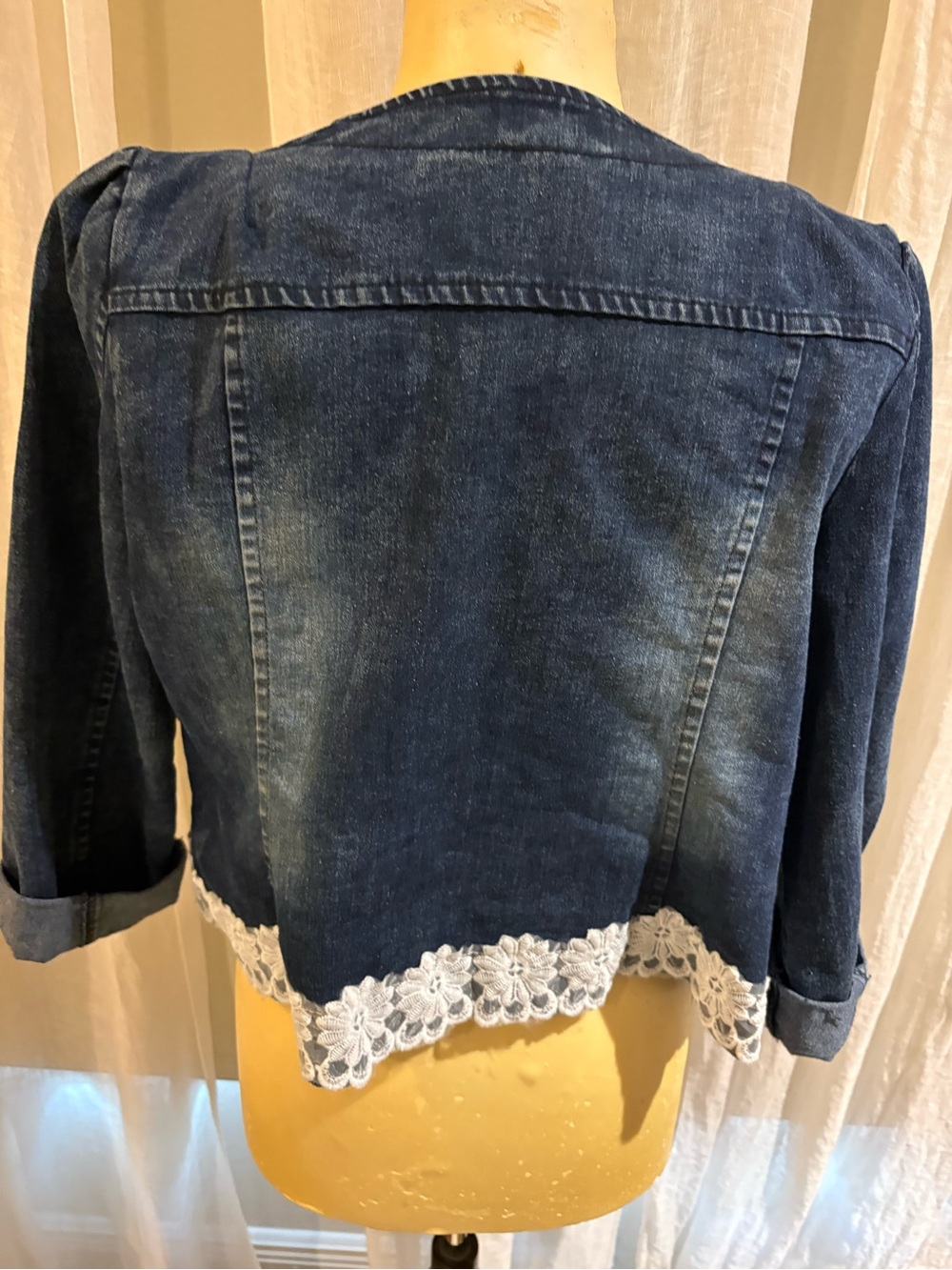 Dark Blue Denim Jacket with Pearl Trim and Lace Hem - Picture 3 of 4